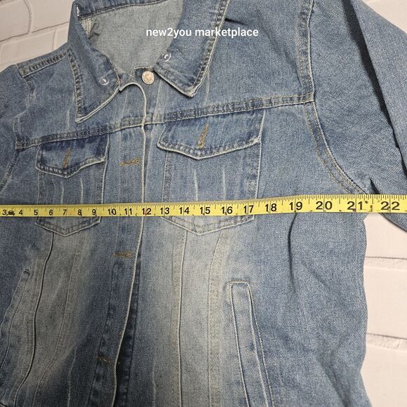 Blue  Denim Jacket With Grey detachable Hood with pockets long sleeve med denim - Picture 8 of 10